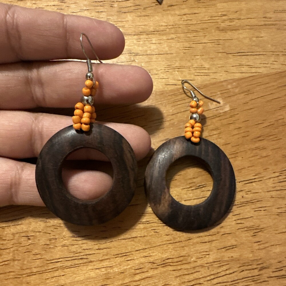 Handmade Wooden Hoop Earrings Orange Beads